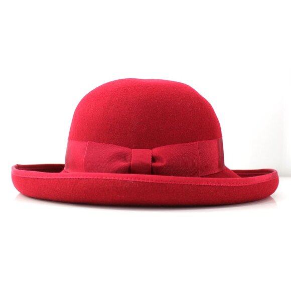 Laura Ashley Wide Brim Hat Magenta Wool Vintage Grosgrain Bow Great Britain 22.5 - Picture 8 of 14